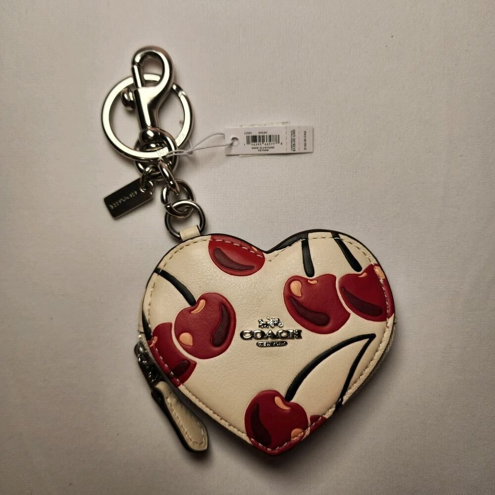 NWT Coach CZ091 Leather Heart Coin Pouch Bag Charm With Cherry Print